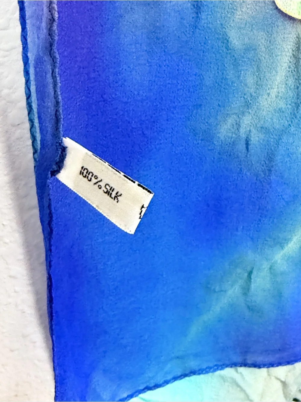 Hand-Painted Blue Floral Silk Scarf 20x63”